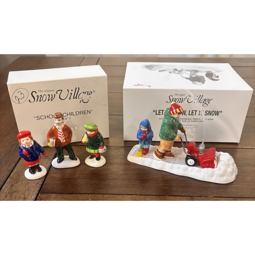 Dept 56 Snow Village Lot School Children & Let It Snow Snowblower Figures Boxed